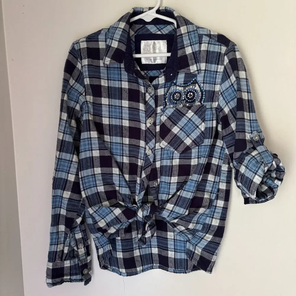 Justice Girls Sz 8 Blue Plaid Owl Sequin Roll Tab Button Front Flannel Shirt #14